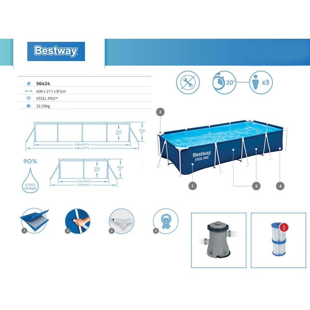 Bestway 56424 Bazén s konštrukciou, 400cm x 211cm x 81cm + filtračné čerpadlo