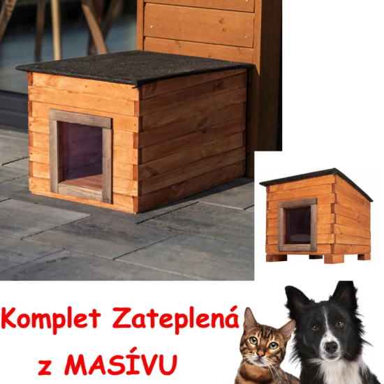 MKSTOR Drevená Búda pre Psa, Mačku z Masívu, komplet zateplená, 57x44x41cm, TIK + Tmavo sivá strecha