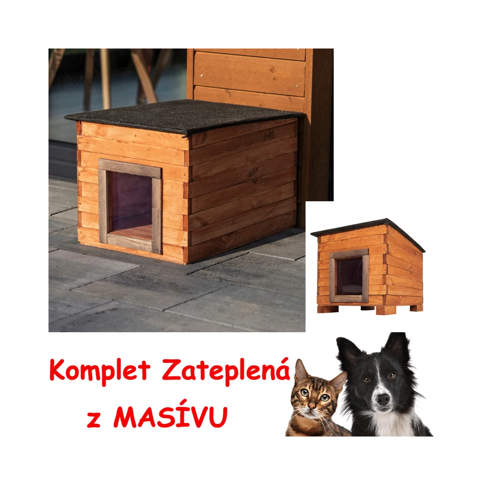 MKSTOR Drevená Búda pre Psa, Mačku z Masívu, komplet zateplená, 57x44x41cm, TIK + Tmavo sivá strecha