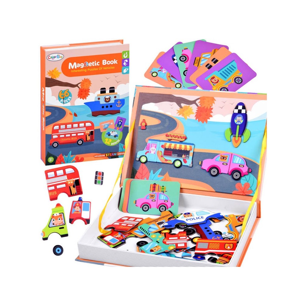 JOKO Magnetická kniha, magnetické Puzzle Autá, Raketa, Autobus, dopravné prostriedky