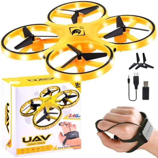 JOKO RC Dron ovládaný rukou s LED svetlom, Kvadrokoptéra UAV Gravity Sensor na diaľkové ovládanie, žltý