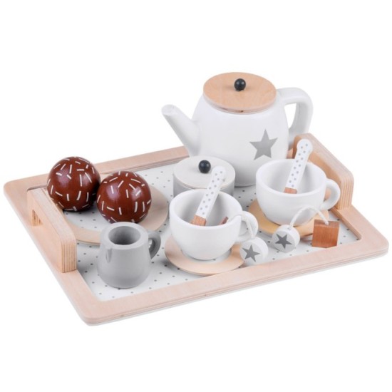 JOKO Detský Drevený čajový set s podnosom, biely