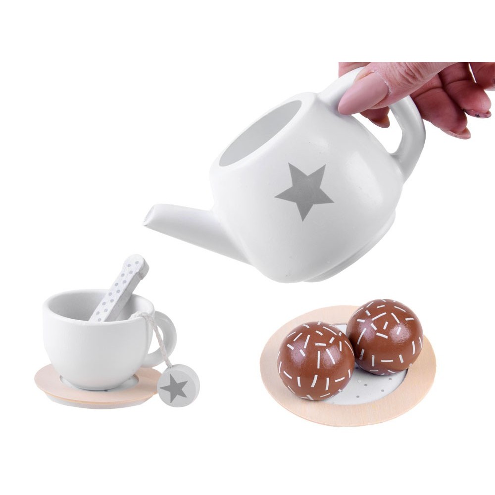 JOKO Detský Drevený čajový set s podnosom, biely