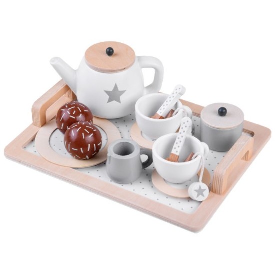 JOKO Detský Drevený čajový set s podnosom, biely