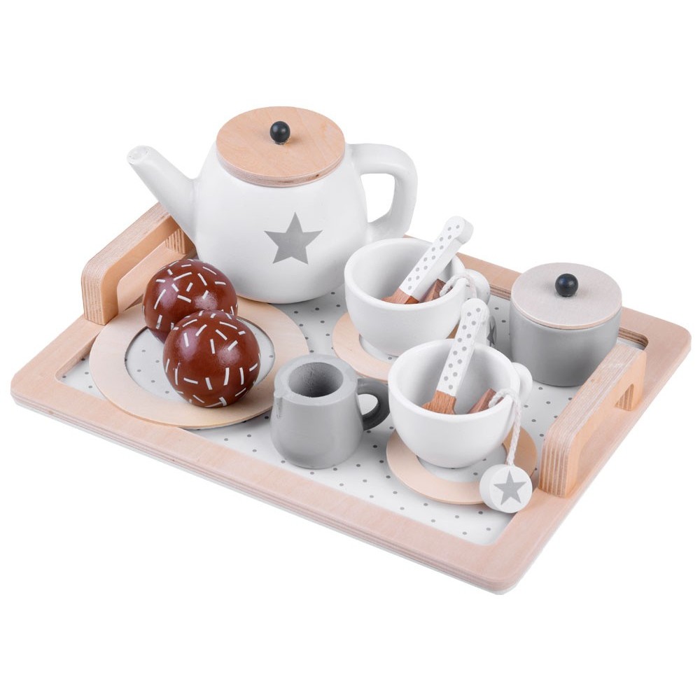 JOKO Detský Drevený čajový set s podnosom, biely