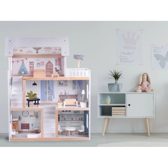 JOKO Veľký Detský Drevený domček pre bábiky 78cm s LED svetlom a nábytkom, biely