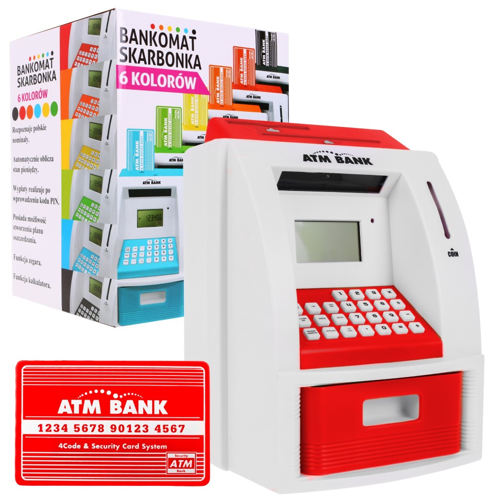 JOKO Detský Interaktívny Bankomat na Peniaze, Pokladnička na batérie + bankomatová karta, červený