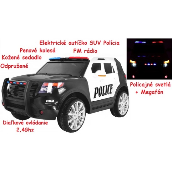 JOKO Elektrické autíčko Polícia SUV, penové kolesá, kožené sedadlo, FM rádio, Megafón, čierne