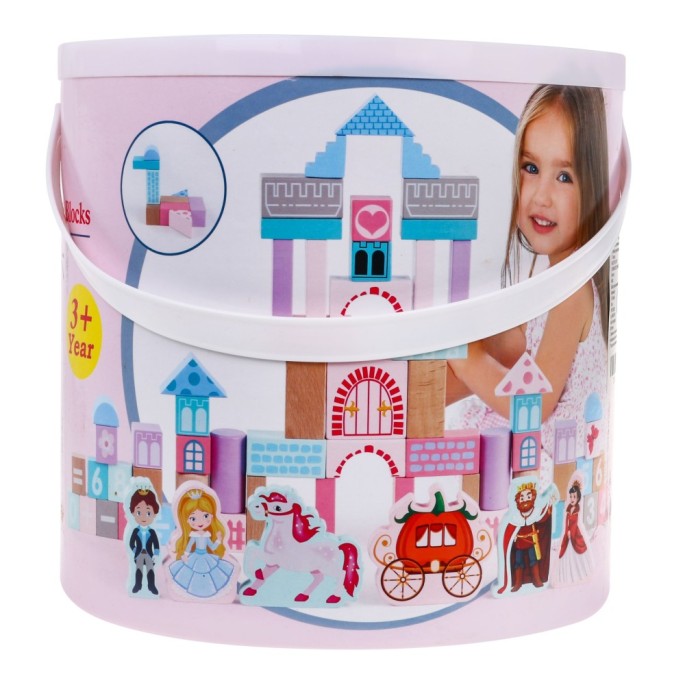 JOKO Sada Drevené kocky Princezná na zámku + Puzzle + vedro s vkladačkou