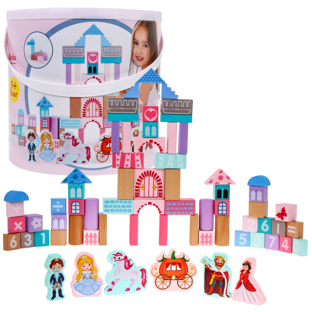 JOKO Sada Drevené kocky Princezná na zámku + Puzzle + vedro s vkladačkou
