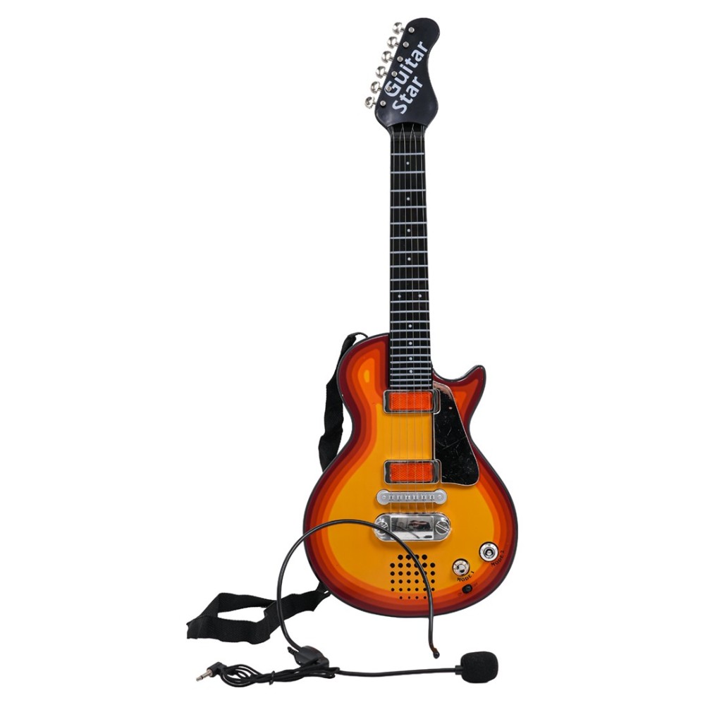 JOKO Detská elektrická gitara s kovovými strunami a s mikrofónom, hnedá