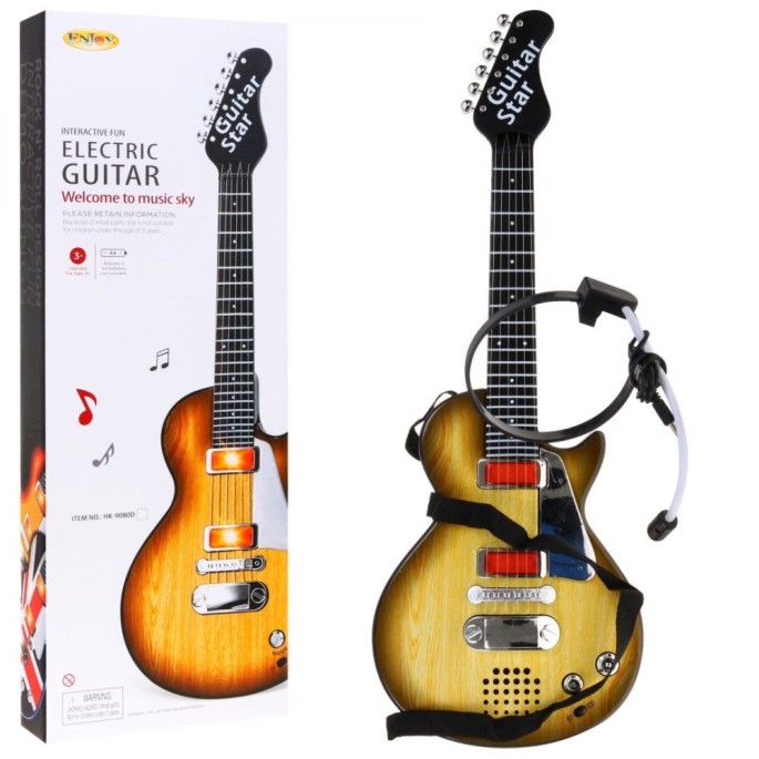 JOKO Detská elektrická gitara s kovovými strunami a s mikrofónom, drevená