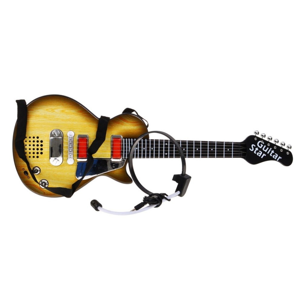 JOKO Detská elektrická gitara s kovovými strunami a s mikrofónom, drevená