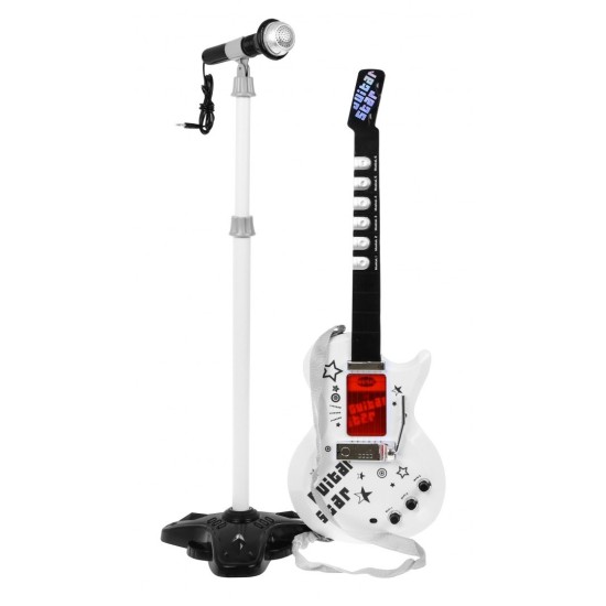 JOKO Elektrická gitara 70 cm s mikrofónom na stojane, biela