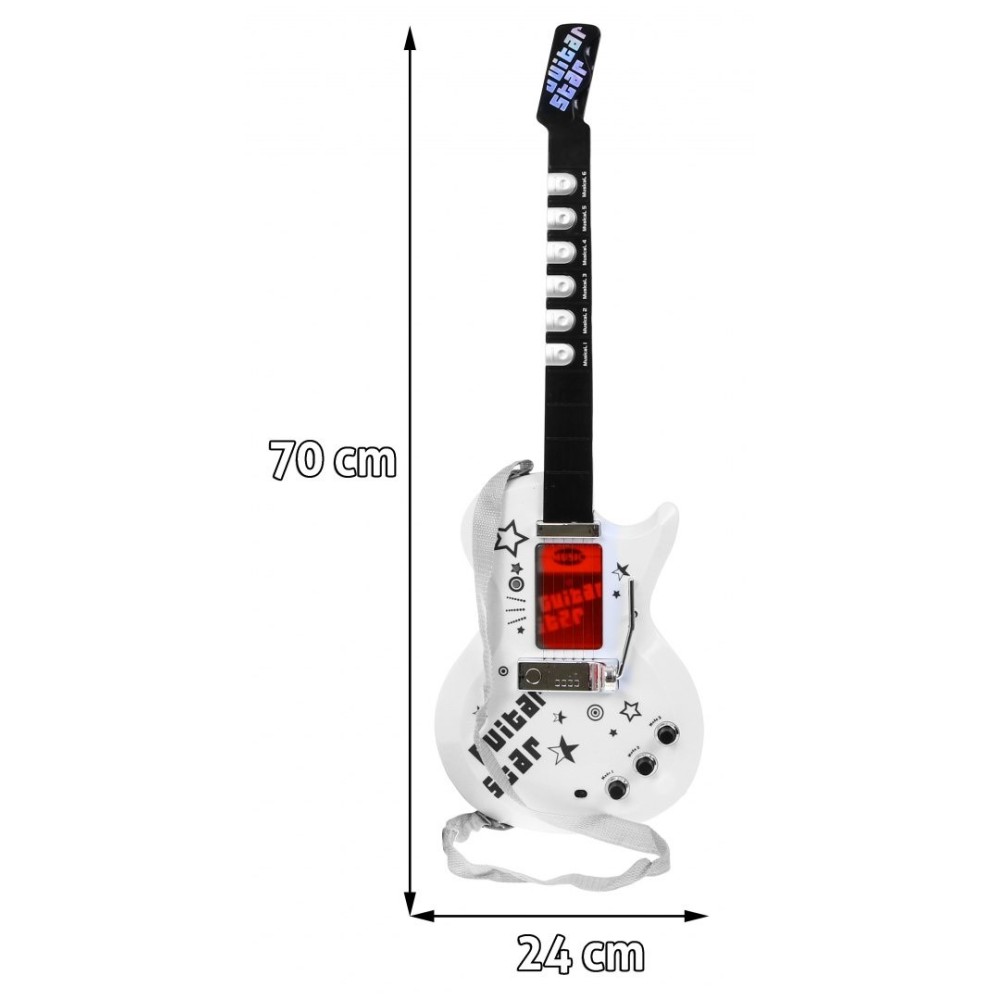 JOKO Elektrická gitara 70 cm s mikrofónom na stojane, biela