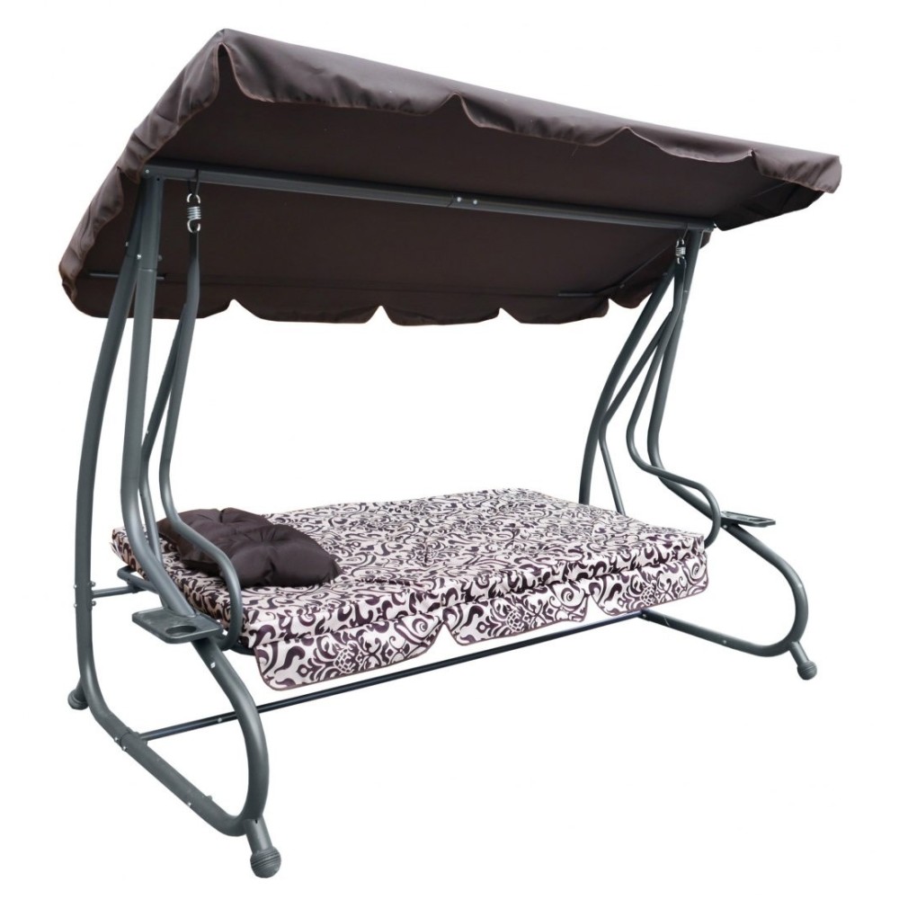 RAMIZ Záhradná hojdačka, polohovateľná, nosnosť 300kg, Kvety, hnedá
