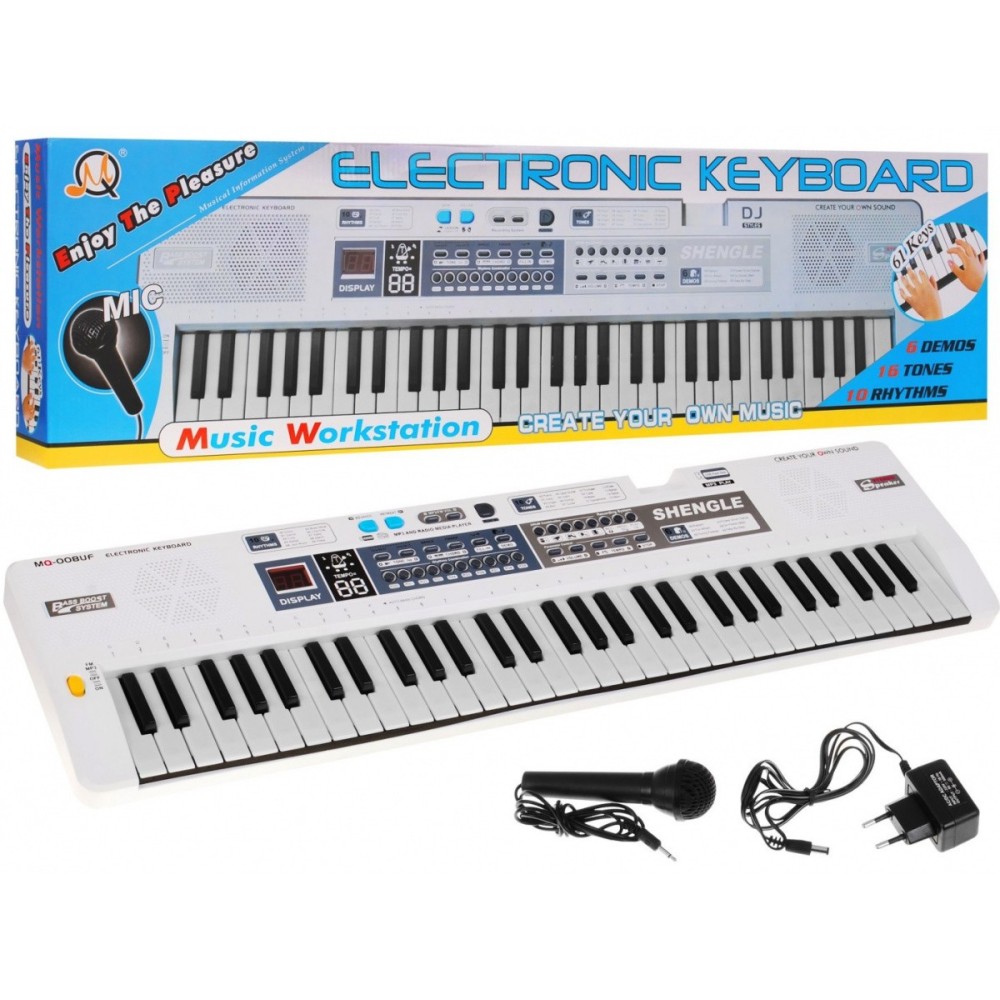 JOKO Detské klávesy MQ-008UF 76cm so Stereo reproduktormi + mikrofón a USB vstup, 61 kláves, Adaptér, biele