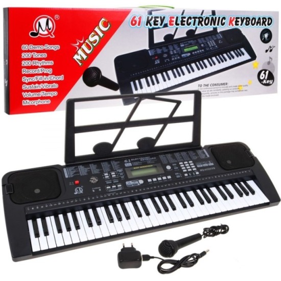JOKO Detské klávesy 70cm s mikrofónom, USB vstup, Funkcia Taktometra, stereo reproduktory + Adaptér, čierne