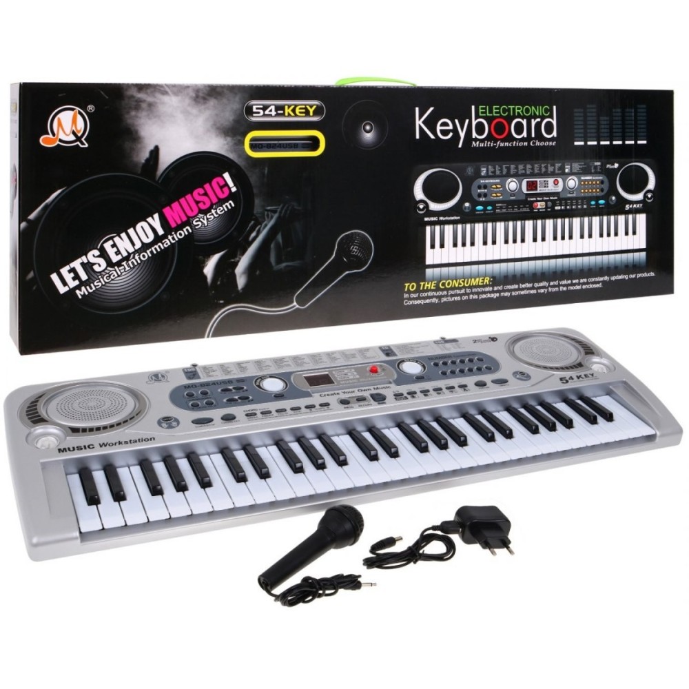 JOKO Detské klávesy 70cm s mikrofónom + USB vstup, strieborné