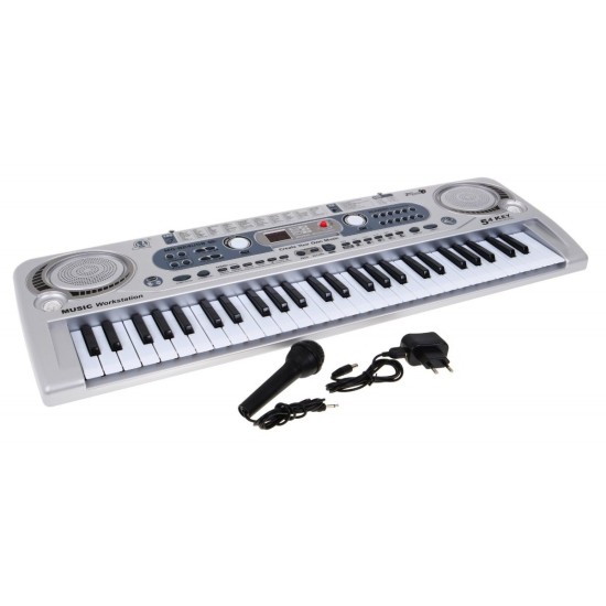 JOKO Detské klávesy 70cm s mikrofónom + USB vstup, strieborné