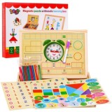 JOKO Drevená tabuľa Obojstranná, skladacia pre deti na UČENIE + Magnetické Puzzle 2v1 + Magnetické Hodiny