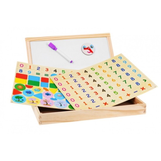 JOKO Drevená tabuľa Obojstranná, skladacia pre deti na UČENIE + Magnetické Puzzle 2v1 + Magnetické Hodiny