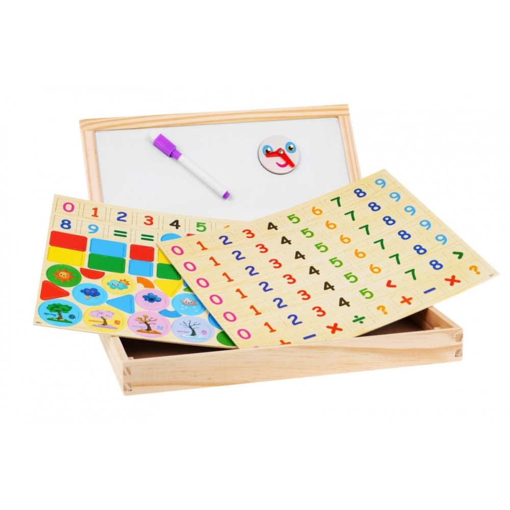 JOKO Drevená tabuľa Obojstranná, skladacia pre deti na UČENIE + Magnetické Puzzle 2v1 + Magnetické Hodiny