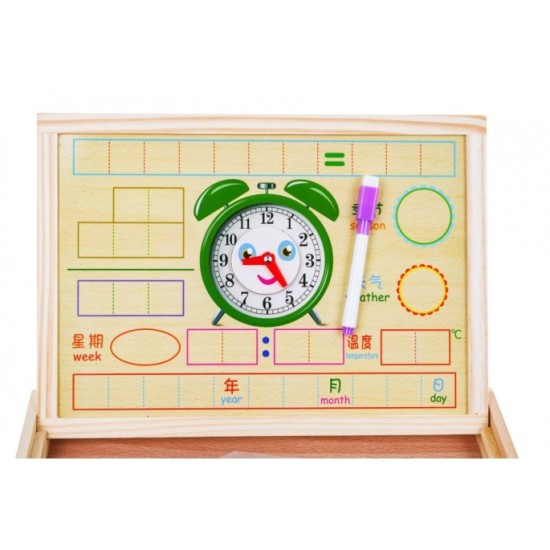JOKO Drevená tabuľa Obojstranná, skladacia pre deti na UČENIE + Magnetické Puzzle 2v1 + Magnetické Hodiny