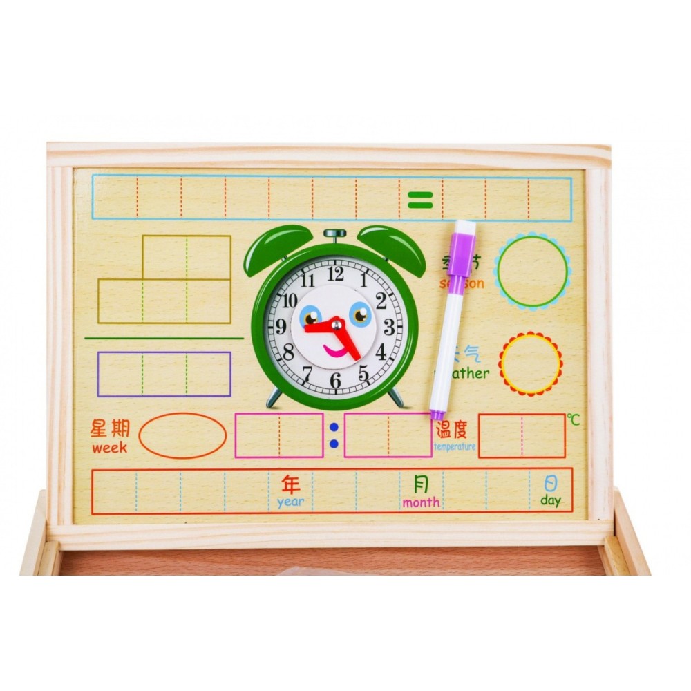 JOKO Drevená tabuľa Obojstranná, skladacia pre deti na UČENIE + Magnetické Puzzle 2v1 + Magnetické Hodiny