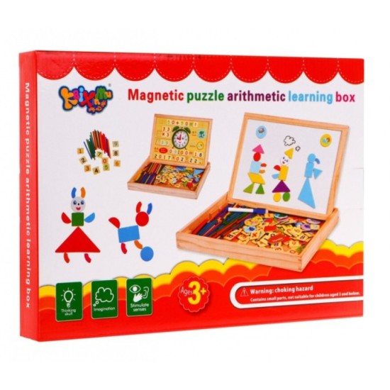 JOKO Drevená tabuľa Obojstranná, skladacia pre deti na UČENIE + Magnetické Puzzle 2v1 + Magnetické Hodiny