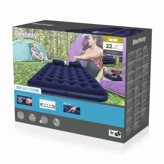 Bestway 67374 Nafukovacia semišová dvojposteľ Air Bed Klasik King 203 x 152 x 22 cm + pumpa + nafukovacie vankúše 2ks, modrá