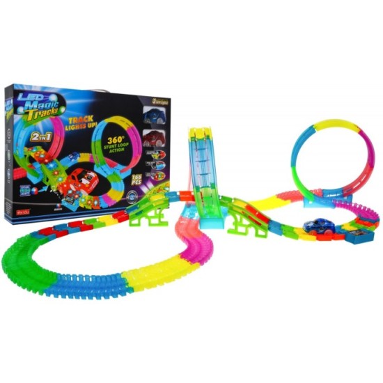 JOKO Svietiaca autodráha FLUOR 166ks s LED svetlom a hudobným panelom + 2 autíčka 