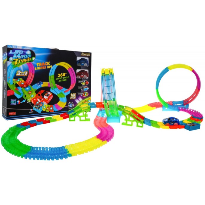 JOKO Svietiaca autodráha FLUOR 166ks s LED svetlom a hudobným panelom + 2 autíčka 