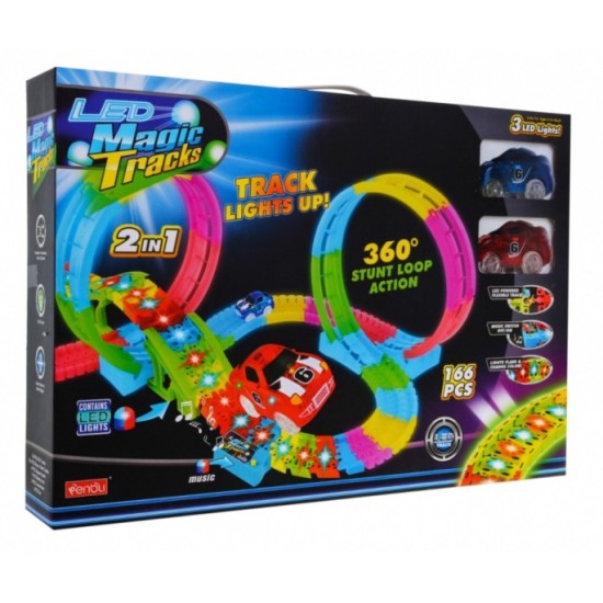 JOKO Svietiaca autodráha FLUOR 166ks s LED svetlom a hudobným panelom + 2 autíčka 