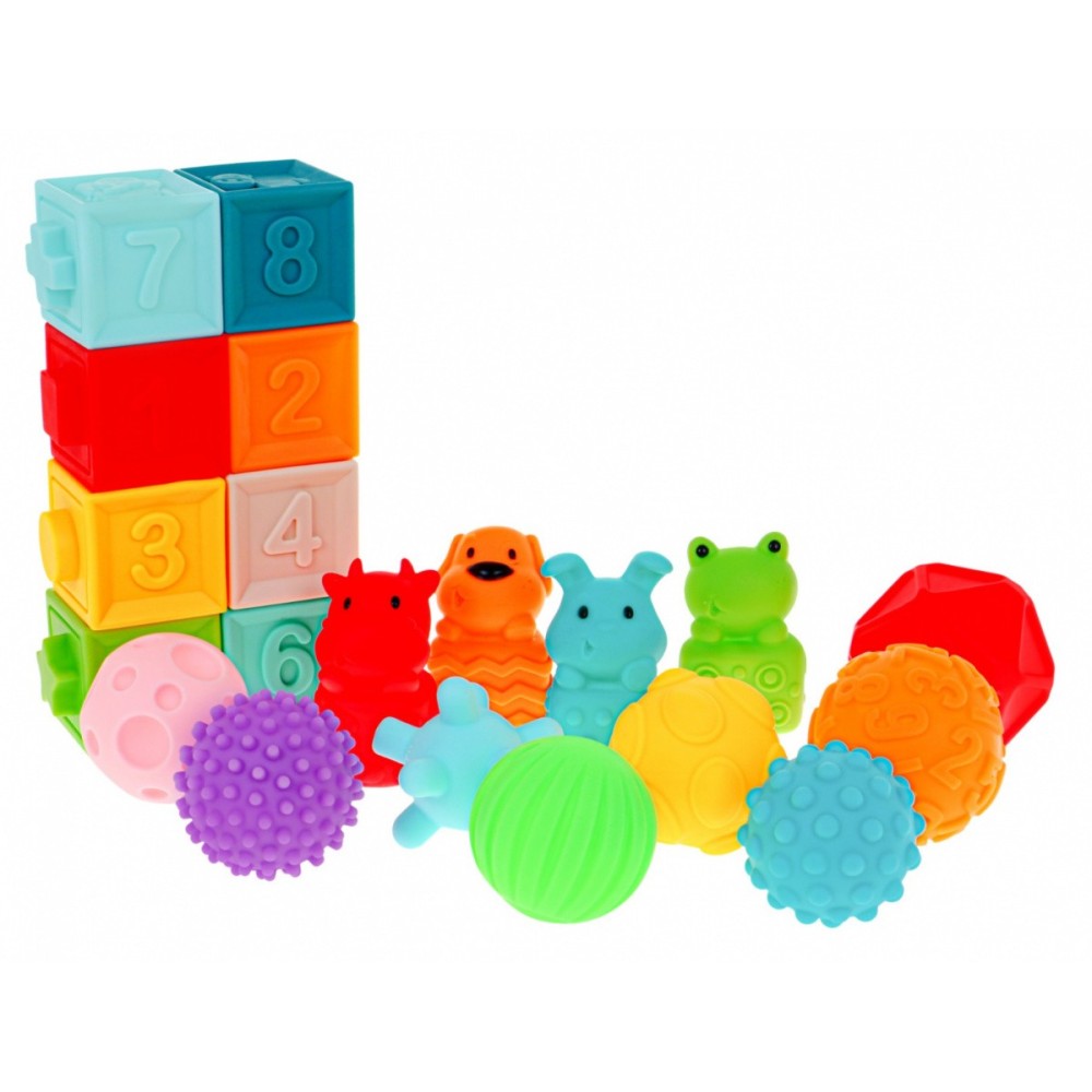 JOKO Veľká Sada Gumové senzorické loptičky, kocky pre najmenších + gumové zvieratká