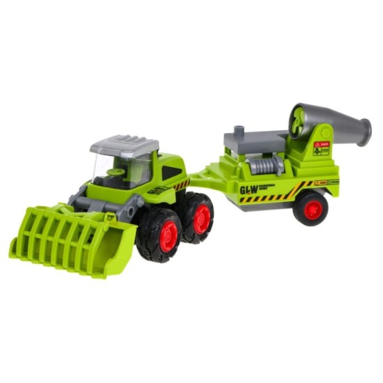 JOKO Kovový Traktor, Poľnohospodársky Nakladač + Náves s postrekovačom do sadov 28cm