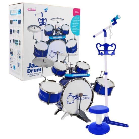 JOKO Detské bicie s klavírom, mixážnym pultom a mikrofónom 9 dielne + MP3 vstup, modré