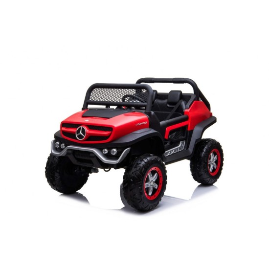 JOKO Elektrické autíčko Mercedes BENZ UNIMOG 4x4, penové kolesá, kožené sedadlo, FM rádio, červené