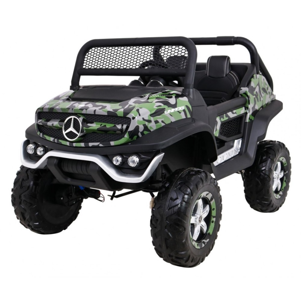 JOKO Elektrické autíčko Mercedes BENZ UNIMOG 4x4, penové kolesá, kožené sedadlo, FM rádio, maskáčové