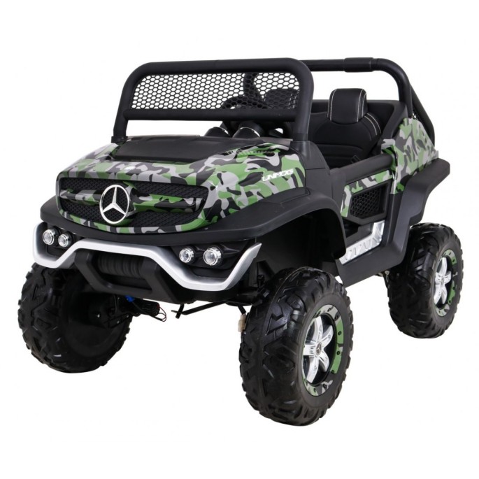 JOKO Elektrické autíčko Mercedes BENZ UNIMOG 4x4, penové kolesá, kožené sedadlo, FM rádio, maskáčové
