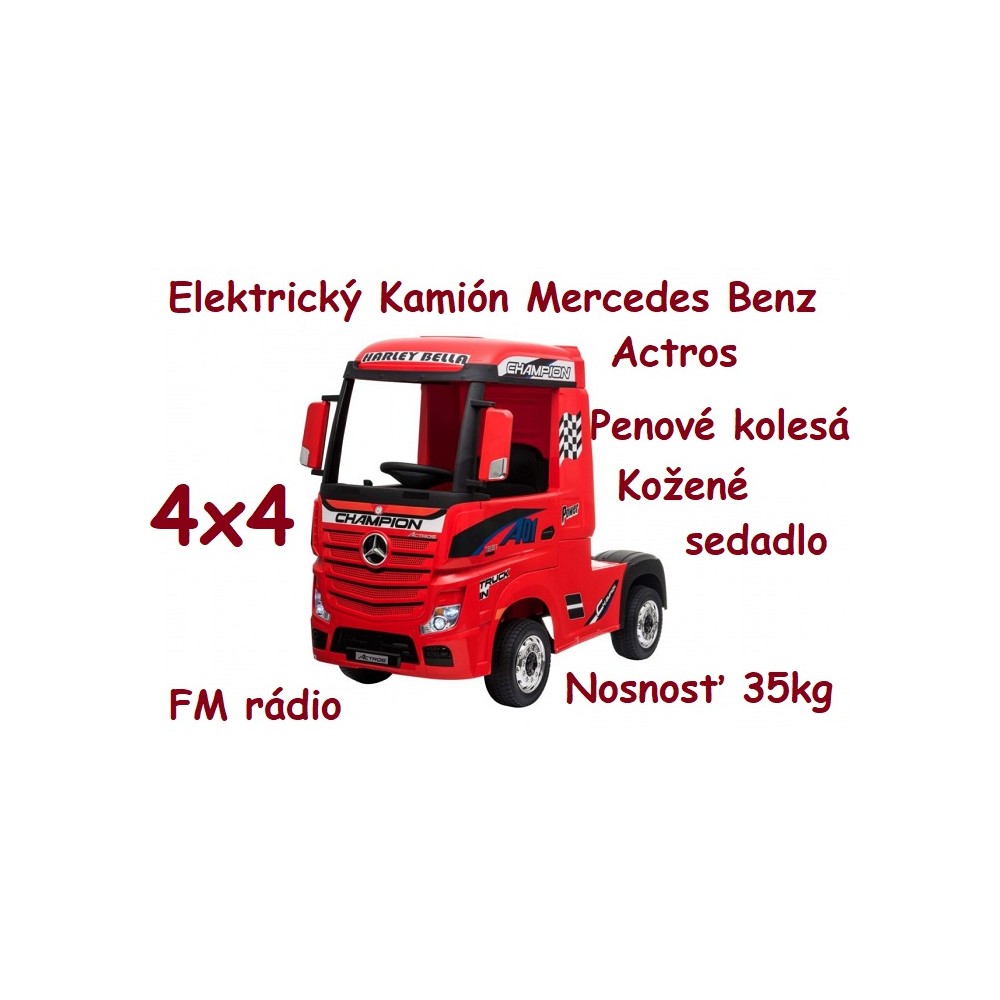 JOKO Elektrické autíčko, Elektrický Kamión Mercedes Benz Actros 4x45W, penové kolesá, kožené sedadlo, odpružené, FM rádio, červe
