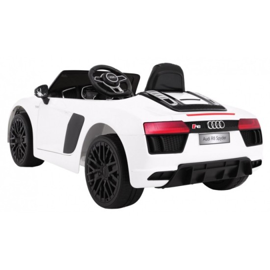 JOKO Elektrické autíčko Audi R8 Spyder, kožené sedadlo, penové kolesá, FM rádio, odpružené, biele