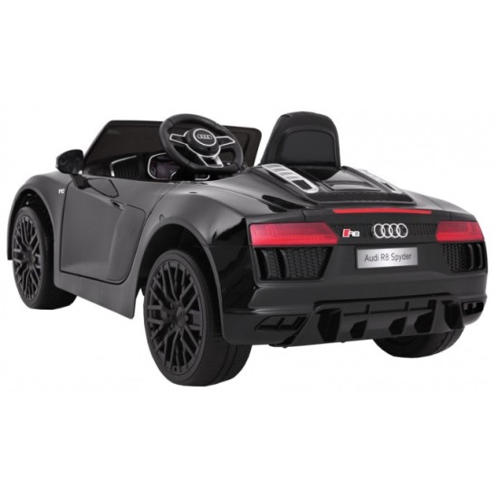 JOKO Elektrické autíčko Audi R8 Spyder, Lakované, kožené sedadlo, penové kolesá, FM rádio, odpružené, čierne