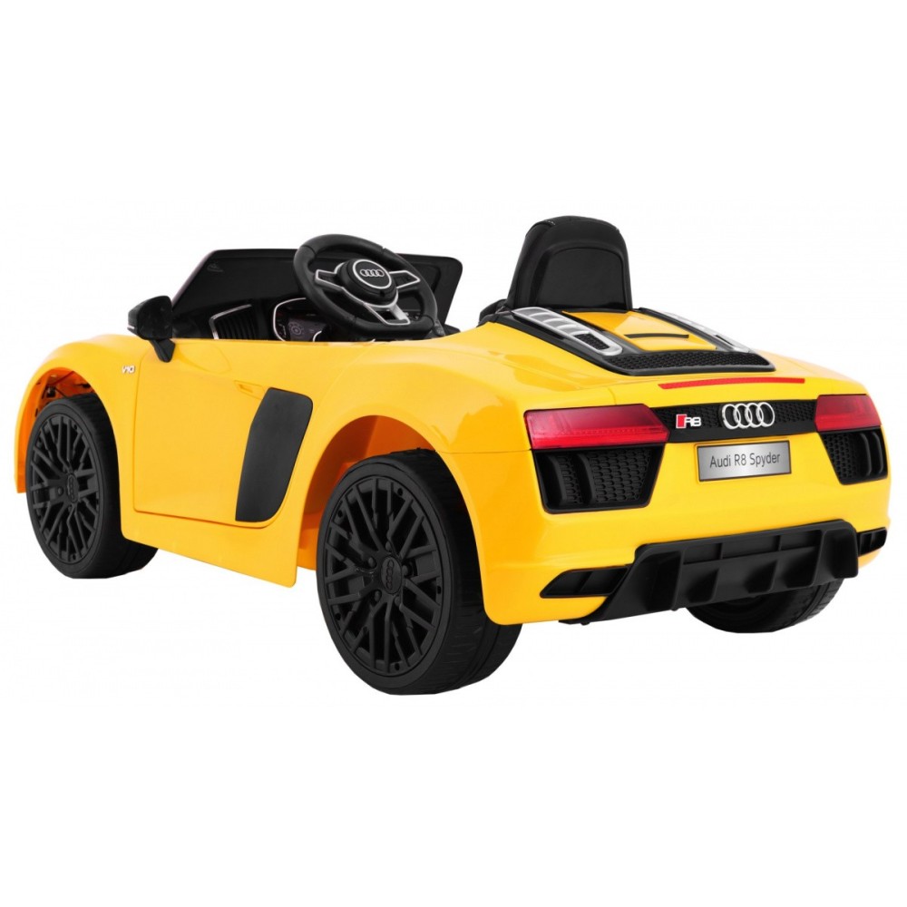 JOKO Elektrické autíčko Audi R8 Spyder, kožené sedadlo, penové kolesá, FM rádio, odpružené, žlté