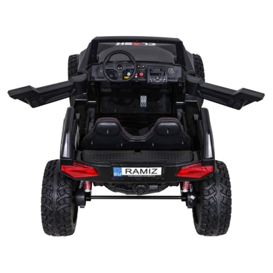JOKO Veľké Elektrické autíčko BUGGY 4x4 Clash 24V, FM rádio, DVOJMIESTNE Kožené sedadlo, NOSNOSŤ 60KG, penové kolesá, čierne