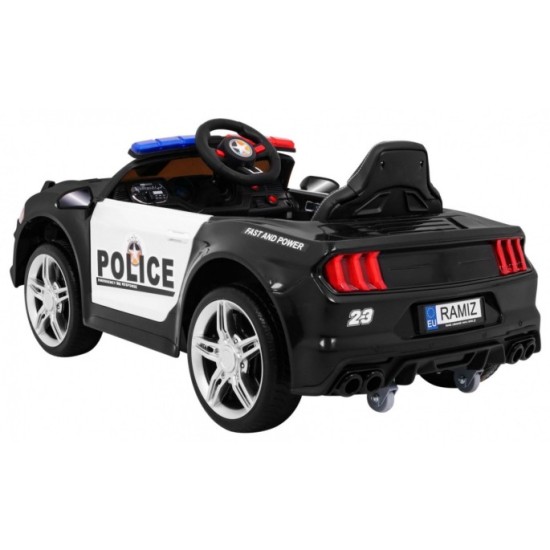 JOKO Elektrické autíčko Polícia Mustang GT, penové kolesá, kožené sedadlo, Megafón, čierne