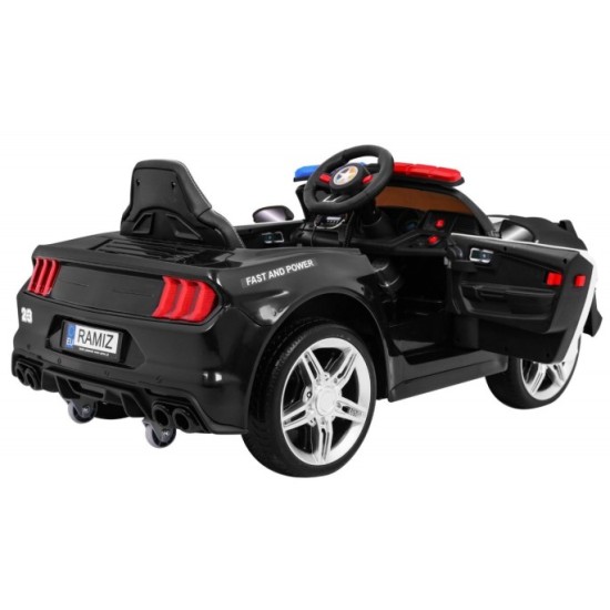 JOKO Elektrické autíčko Polícia Mustang GT, penové kolesá, kožené sedadlo, Megafón, čierne