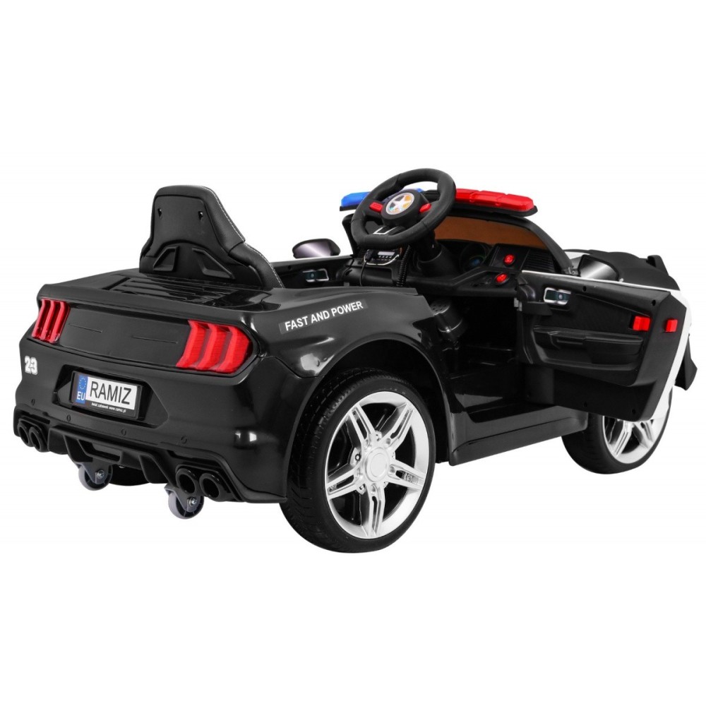 JOKO Elektrické autíčko Polícia Mustang GT, penové kolesá, kožené sedadlo, Megafón, čierne