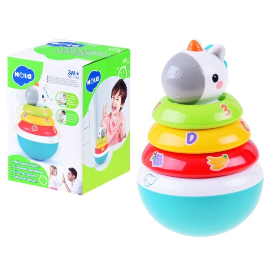 HOLA TOYS JOKO Detská pyramída s hrkajúcimi kruhmi Jednorožec