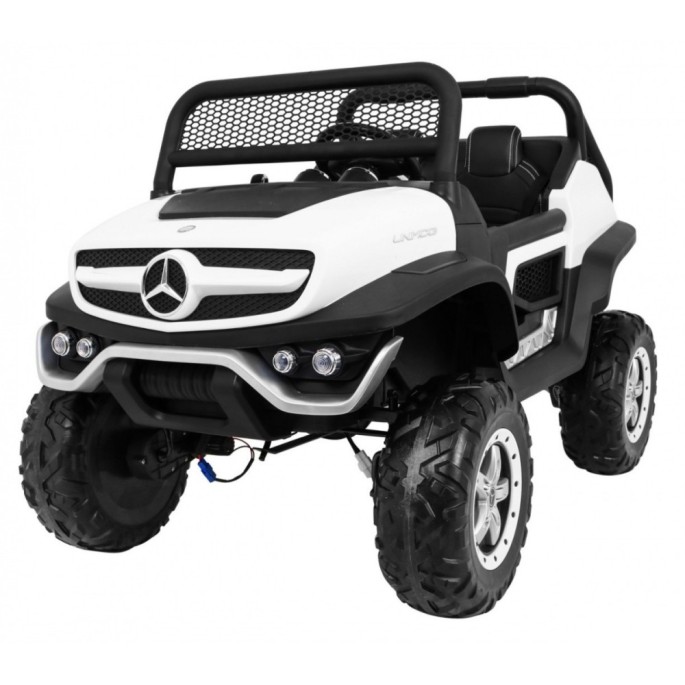 JOKO Elektrické autíčko Mercedes BENZ UNIMOG 4x4, penové kolesá, kožené sedadlo, FM rádio, biele
